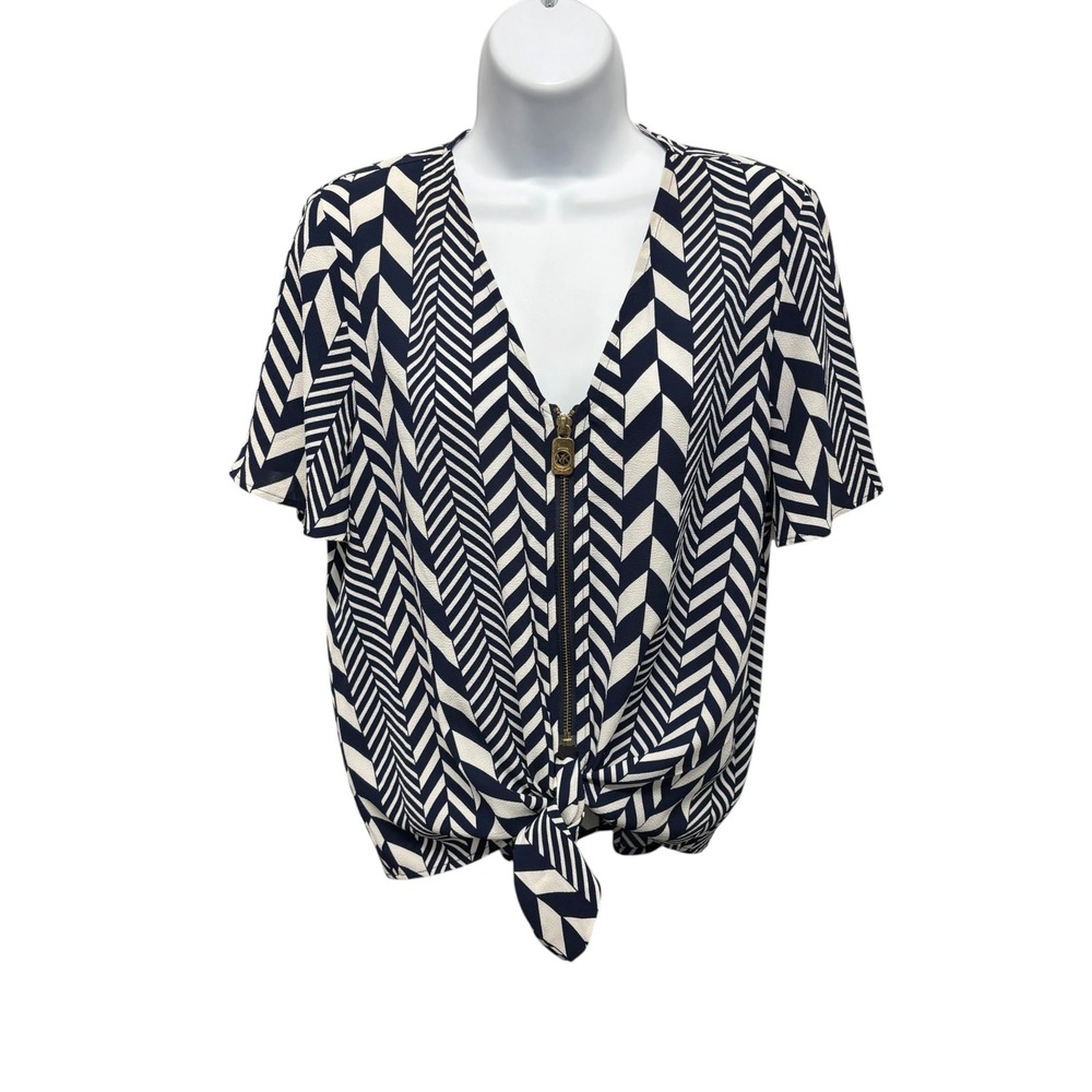 Michael Kors Navy White Chevron Zip Front Tie Hem Top Blouse Medium
